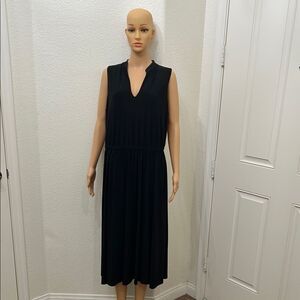 Anne Klein XLarge Black Sleeveless V-Neck Midi Dress Elastic Waist Silky Stretch